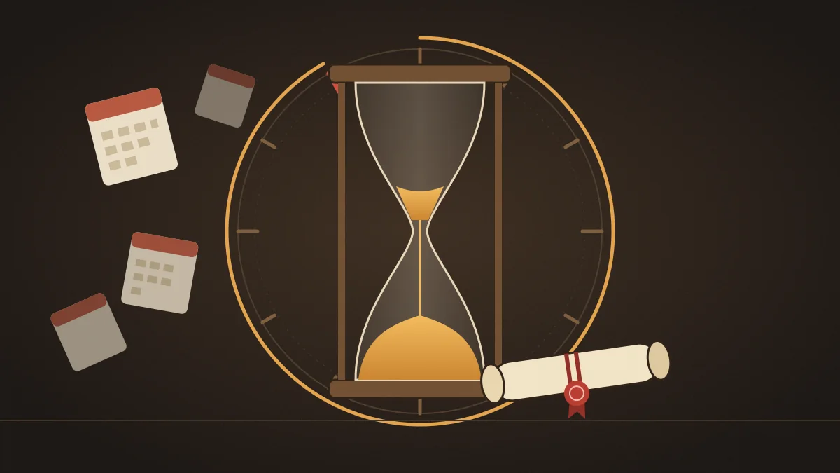 Illustration of an hourglass with its sand almost run out inside a twelve-mark clock face, a sealed award scroll at its base and calendar pages drifting away