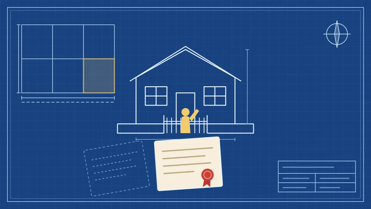Blueprint-style illustration of a house and site plan with an objector standing at the gate, an original sealed title document in front of a faint dashed photocopy