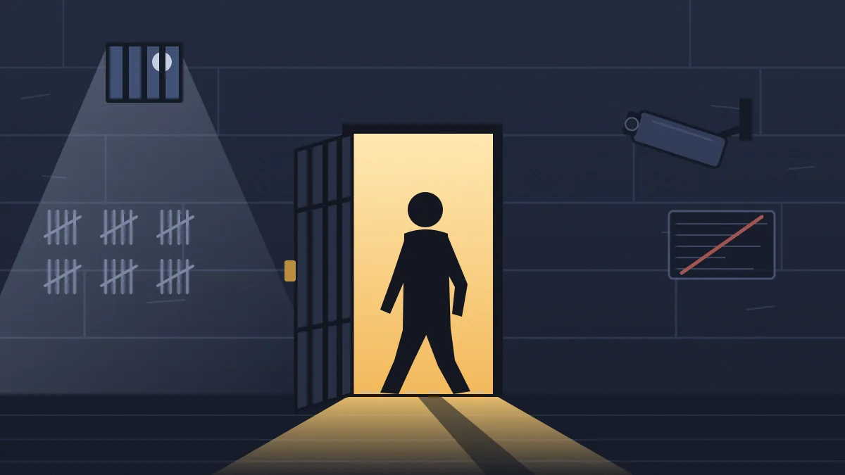 Illustration of a man stepping out of an open prison cell into warm light, six groups of tally marks scratched on the cell wall and a dead CCTV camera above