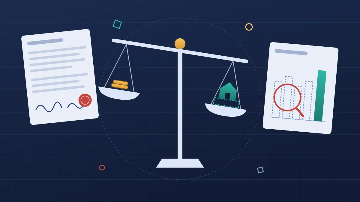 Illustration of a balance with a few coins riding high against a house on the lower pan, between a signed sale agreement and a bank statement with empty dashed bars under a magnifying glass