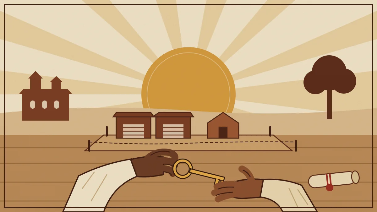 Woodcut-style illustration of a seller's hand passing a key into a buyer's open palm in front of a small roped village plot with two shops and a hut, a tied deed lying aside