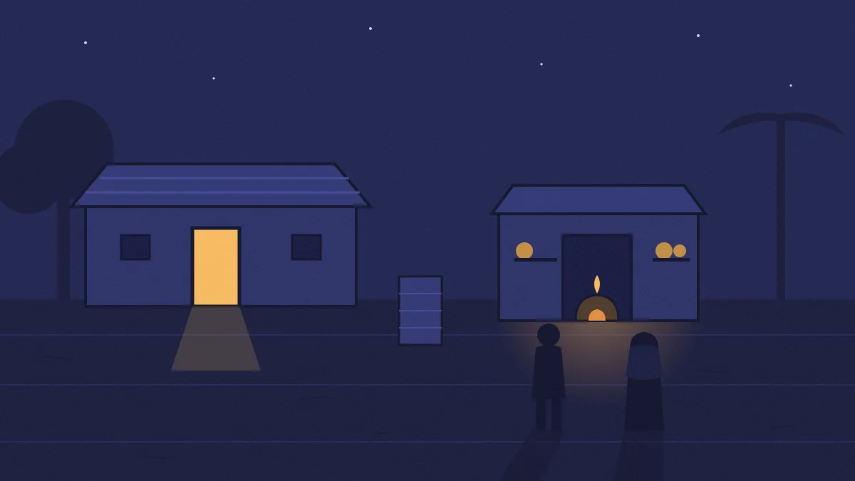 Linocut-style night scene of a village courtyard: the main house with one lit doorway, and set apart across the yard a second small kitchen with its own hearth, where two figures stand still at the threshold