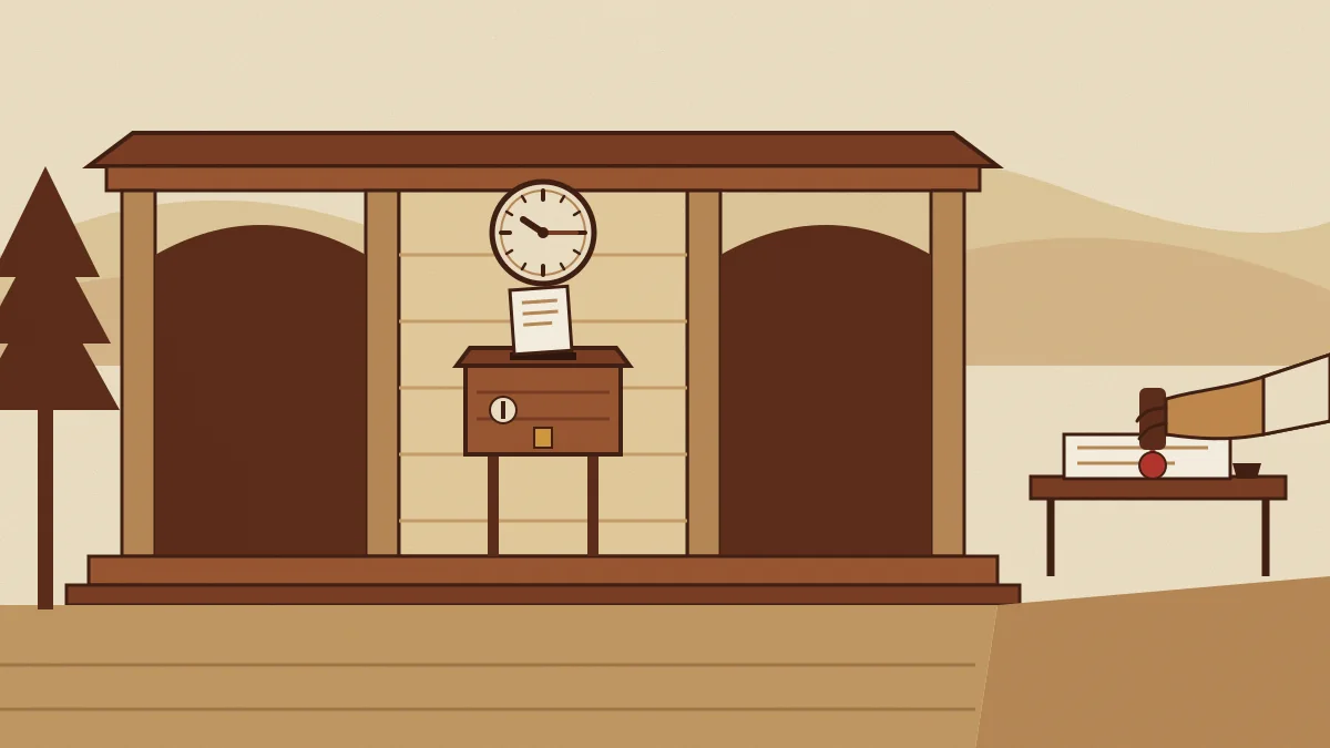 Woodcut-style illustration of a wooden petition box with a slot on a court verandah, a wall clock above it showing a quarter past ten, and across the lane a hand pressing a seal onto a folded sale deed